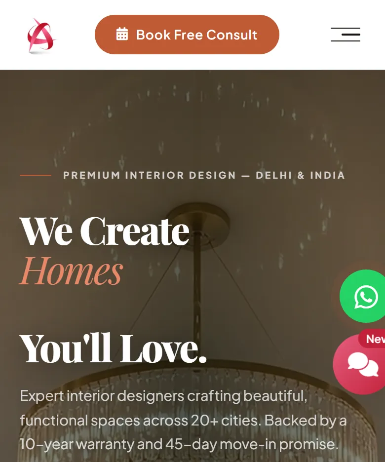 Awish Interiors website on a phone, mobile view