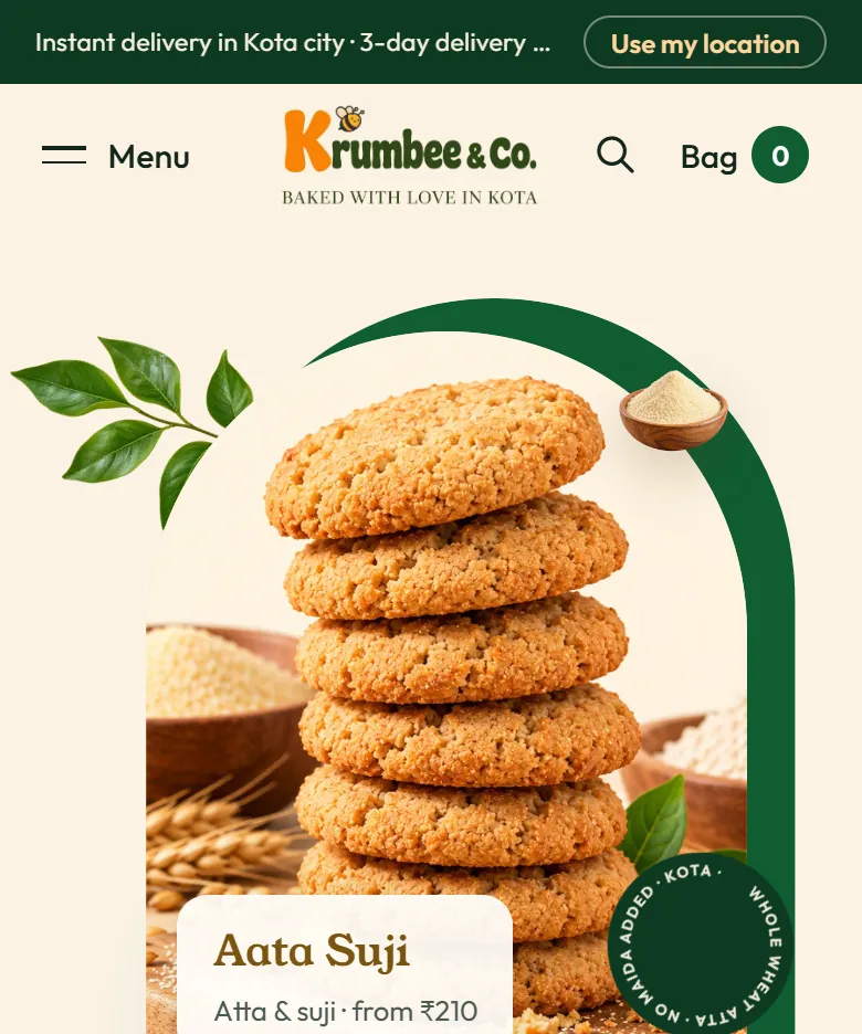 Krumbee & Co website on a phone, mobile view