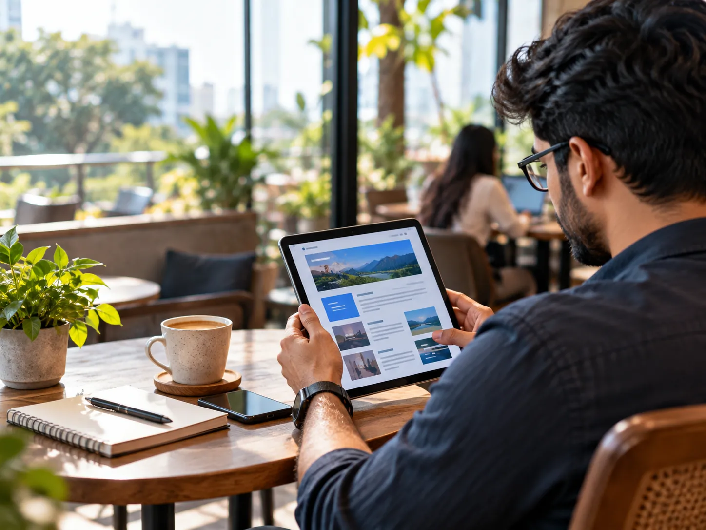 A business owner reviewing a proposal on a tablet