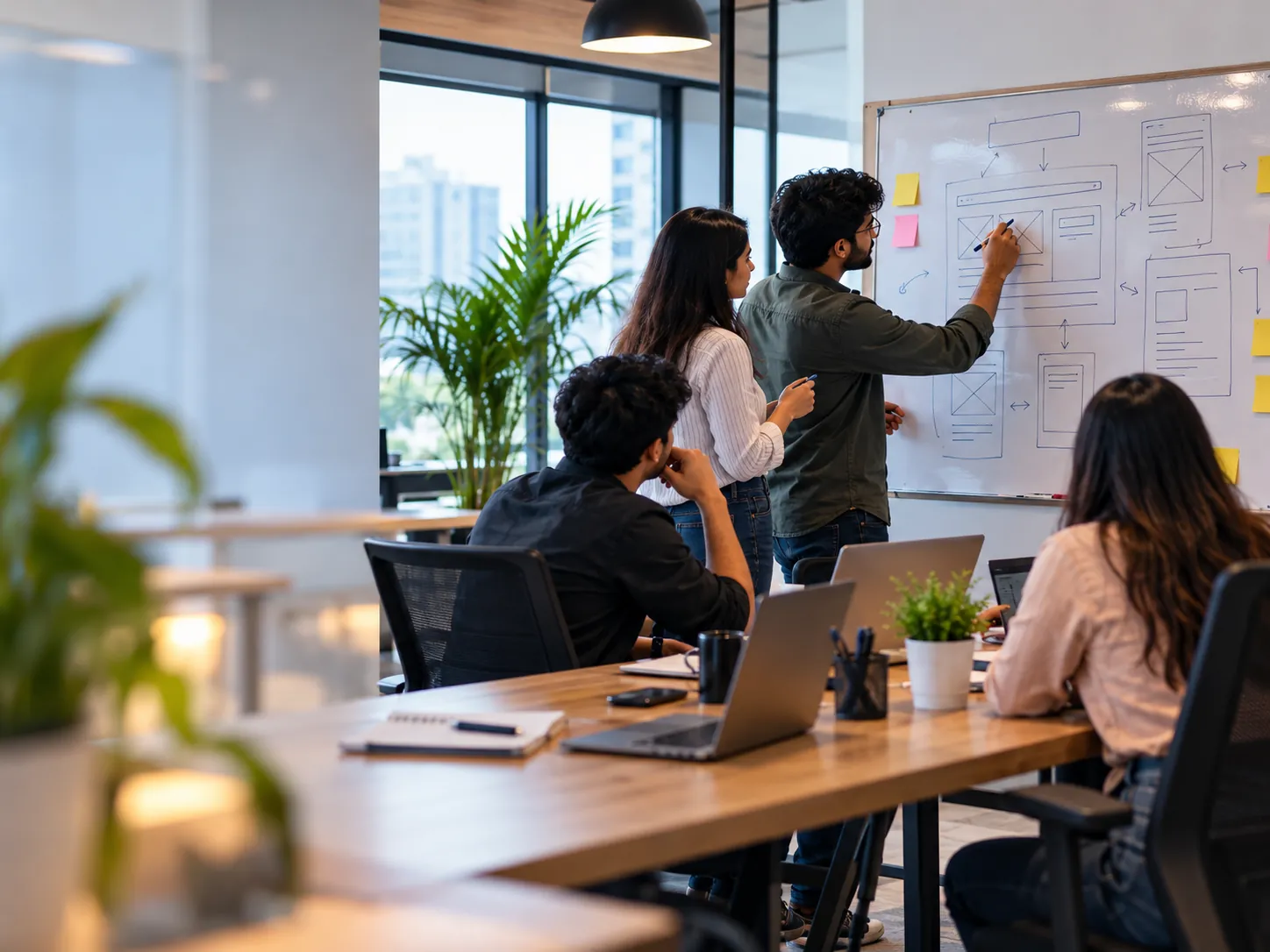 Our team planning client work at a whiteboard