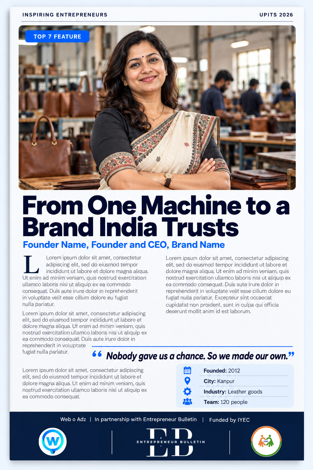Inspiring Entrepreneurs magazine: sample Top 7 page: one founder, one full page